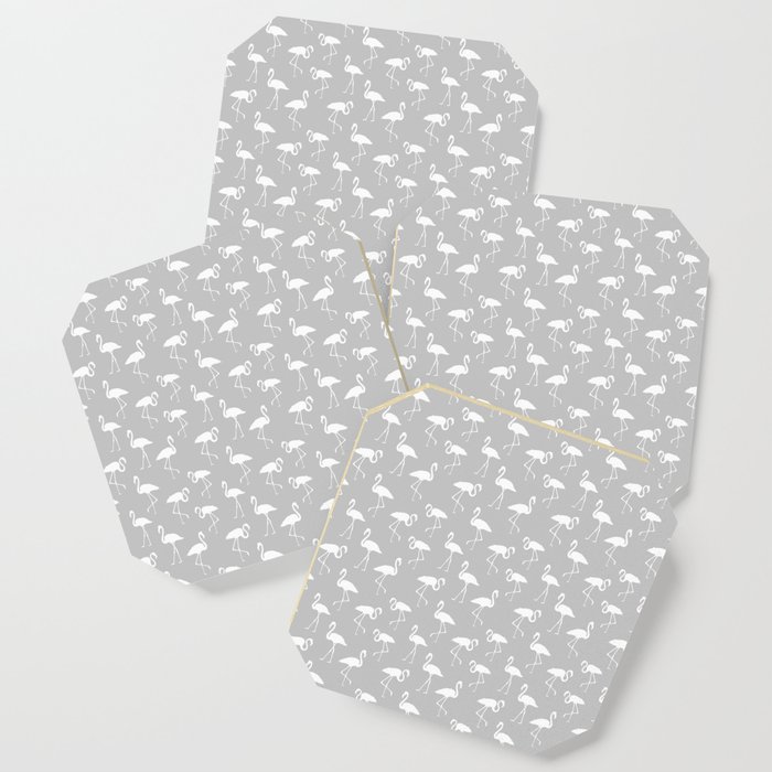 White flamingo silhouettes seamless pattern on light grey background Coaster