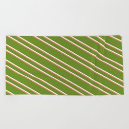 [ Thumbnail: Green, Mint Cream, and Salmon Colored Lines Pattern Beach Towel ]