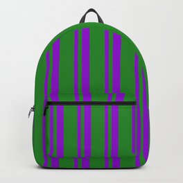 [ Thumbnail: Dark Violet and Forest Green Colored Stripes/Lines Pattern Backpack ]