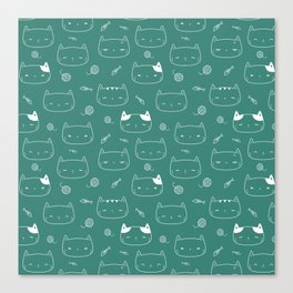 Green Blue and White Doodle Kitten Faces Pattern Canvas Print