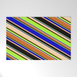 [ Thumbnail: Colorful Light Green, Blue, Tan, Chocolate & Black Colored Lines/Stripes Pattern Welcome Mat ]