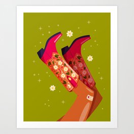 Woman legs with cowboy boots decorated with flowers. Cowgirl with cowboy boots. American western theme. Colorful vibrant vector illustration. Art Print