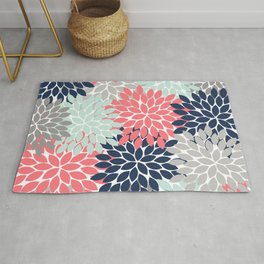 Flower Burst Petals Floral Pattern Navy Coral Mint Gray Area & Throw Rug