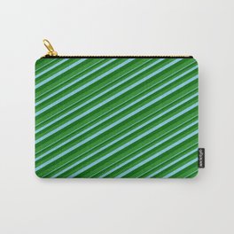 [ Thumbnail: Sky Blue, Dark Green, and Forest Green Colored Lined Pattern Carry-All Pouch ]
