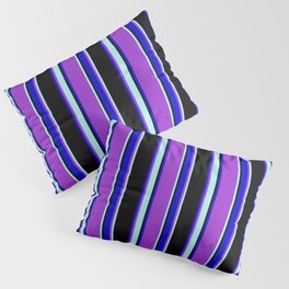 [ Thumbnail: Dark Orchid, Turquoise, Black, and Blue Colored Striped/Lined Pattern Pillow Sham ]