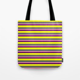 [ Thumbnail: Tan, Deep Pink, Indigo, Yellow, and Dim Gray Colored Striped Pattern Tote Bag ]