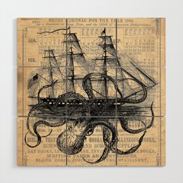 Octopus Kraken attacking Ship Antique Almanac Paper Wood Wall Art