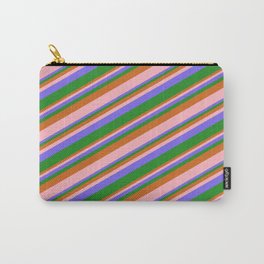 [ Thumbnail: Chocolate, Light Pink, Medium Slate Blue, and Forest Green Colored Stripes/Lines Pattern Carry-All Pouch ]