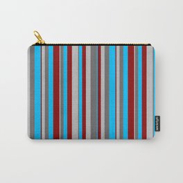 [ Thumbnail: Grey, Dim Grey, Deep Sky Blue & Dark Red Colored Stripes Pattern Carry-All Pouch ]