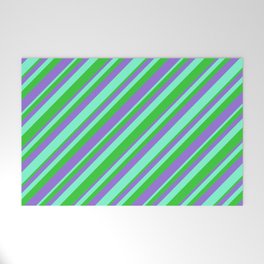 [ Thumbnail: Aquamarine, Lime Green, and Purple Colored Striped/Lined Pattern Welcome Mat ]
