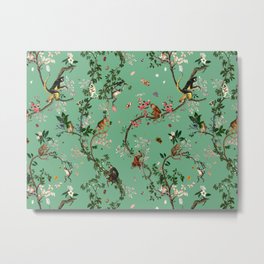 Monkey World Green Metal Print | Floral, Collage, Chinoiserie, Green, Ape, Jungle, Monkey, Botanical, Illustration, Nature 