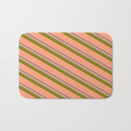 [ Thumbnail: Light Salmon, Grey & Green Colored Lined/Striped Pattern Bath Mat ]