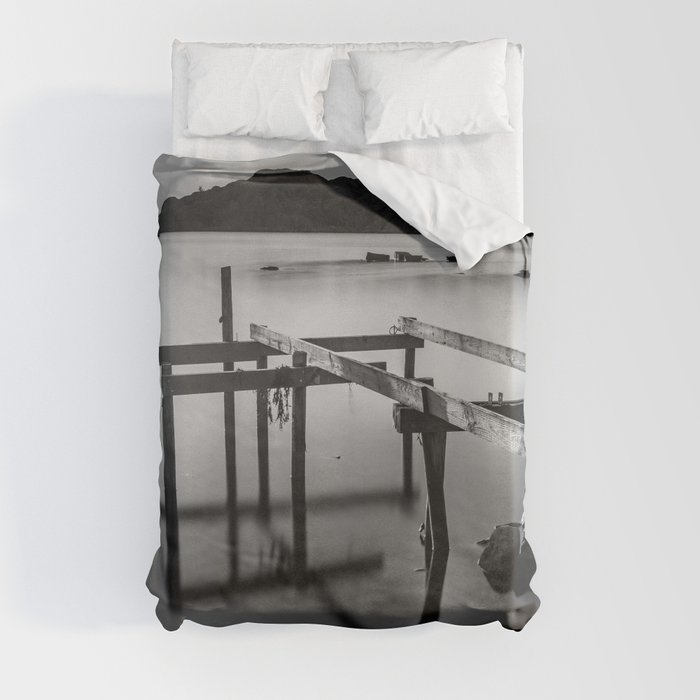 Pier Structure And Reflections in Black & White Duvet Cover
