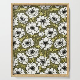 White Chalk Anemones on Olive Green Serving Tray