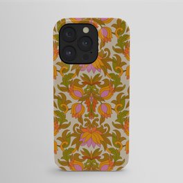Orange, Pink Flowers and Green Leaves 1960s Retro Vintage Pattern iPhone Case