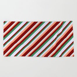[ Thumbnail: Light Salmon, Maroon, Sea Green & Lavender Colored Lined/Striped Pattern Beach Towel ]