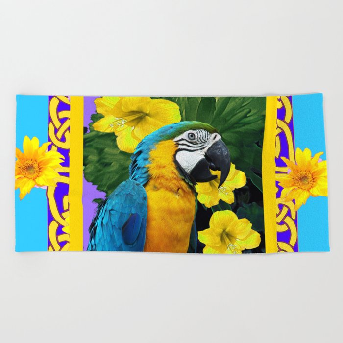 Tropical Blue Gold Macaw Parrot Purple Art Beach Towel By Sharlesart