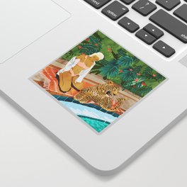 The Wild Side, Human & Nature Connection, Woman With Cheetah Cat, Tiger Painting Sticker