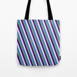 [ Thumbnail: Vibrant Dark Sea Green, Green, Indigo, Lavender, and Blue Colored Pattern of Stripes Tote Bag ]