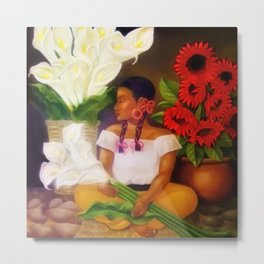 Girl with Calla Lilies and Red Mexican Sunflowers floral portrait painting Metal Print | Acapulco, Latina, Sunflower, Bouquet, Painting, Flowers, Sunflowers, Callalilies, Redpoppies, Columbia 