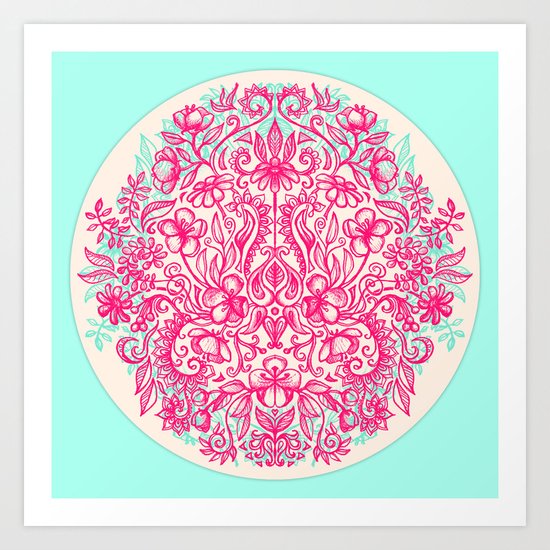 Spring Arrangement - floral doodle in pink & mint Art Print