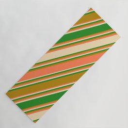 [ Thumbnail: Coral, Tan, Forest Green, and Dark Goldenrod Colored Stripes/Lines Pattern Yoga Mat ]