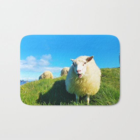 Sheeps in Iceland with Green Field Bath Mat