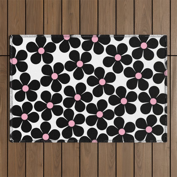 Mod Flowers in Black and Pink Outdoor Rug