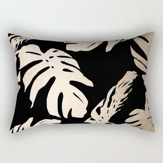 Simply Palm Leaves in White Gold Sands on Midnight Black Rectangular Pillow
