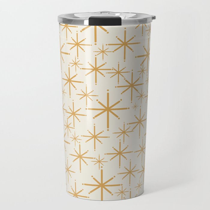 Twinkling Mid Century Modern Starburst Pattern Cream and Muted Mustard Gold Travel Mug