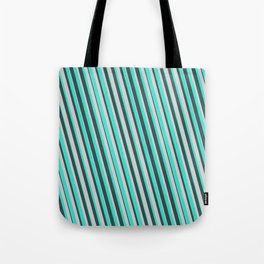 [ Thumbnail: Turquoise, Dark Slate Gray, and Light Gray Colored Pattern of Stripes Tote Bag ]