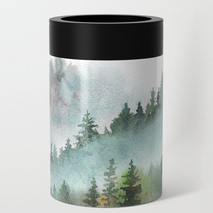 Watercolor Pine Forest Mountains in the Fog Can Cooler