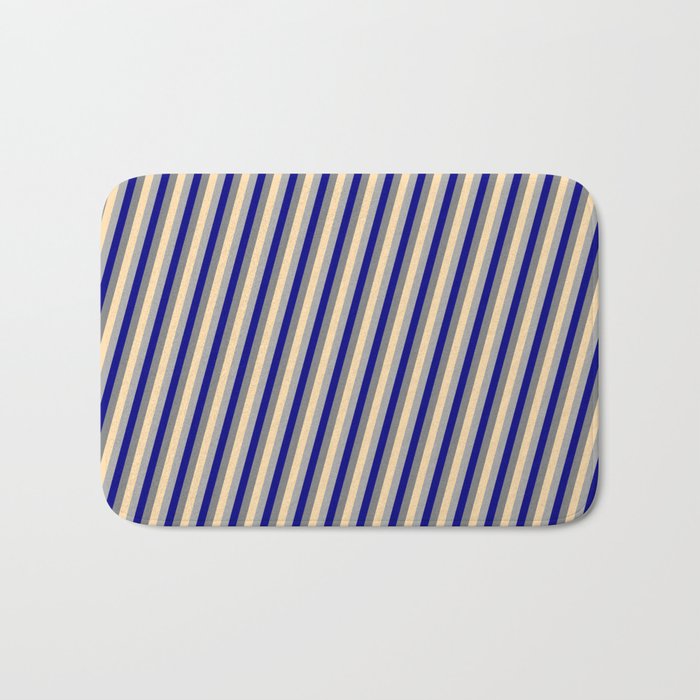 Blue, Gray, Tan & Dark Gray Colored Striped Pattern Bath Mat