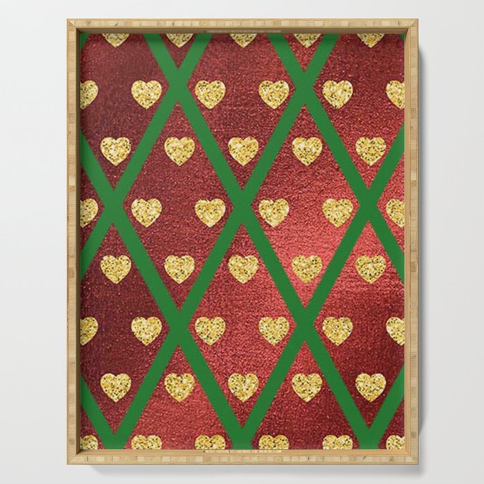 Gold Hearts on a Red Shiny Background with Green Crisscross Lines  Serving Tray