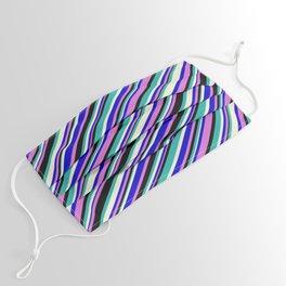 [ Thumbnail: Blue, Orchid, Black, Light Sea Green & Beige Colored Pattern of Stripes Face Mask ]