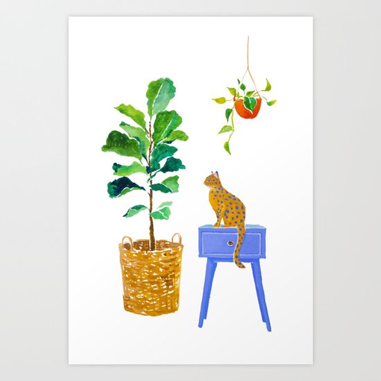 Fiddle Leaf Fig And Cat Art Print By Sunlee Art Society6