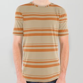 [ Thumbnail: Chocolate and Tan Colored Lined/Striped Pattern All Over Graphic Tee ]