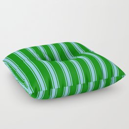 [ Thumbnail: Green and Light Sky Blue Colored Striped Pattern Floor Pillow ]