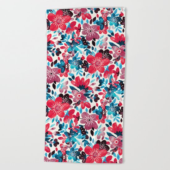 Happy Red Flower Collage Beach Towel