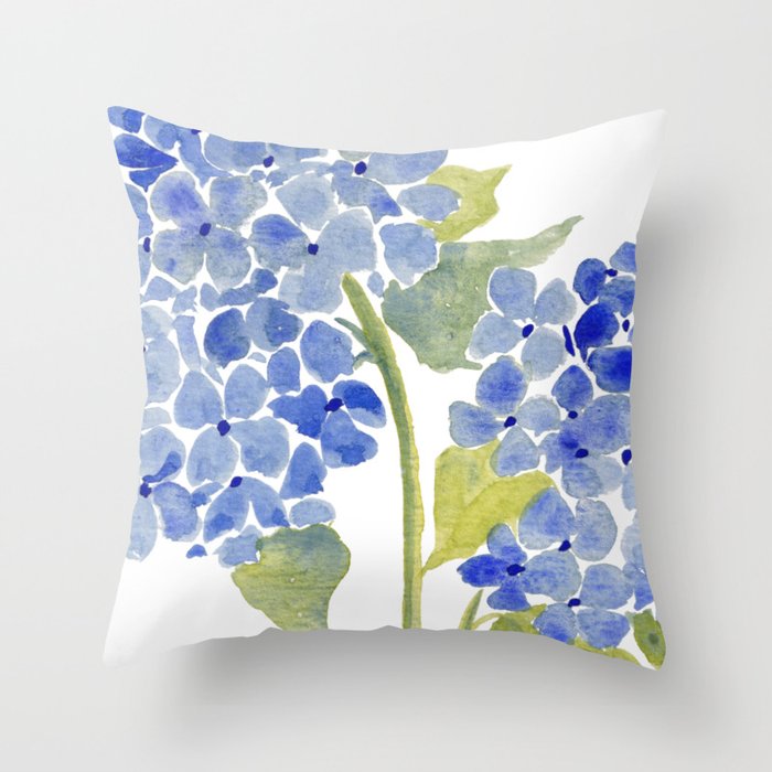 Blue Gouache Hydrangea Throw Pillow