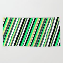 [ Thumbnail: Vibrant Green, Tan, Dark Slate Gray, White, and Black Colored Striped/Lined Pattern Beach Towel ]