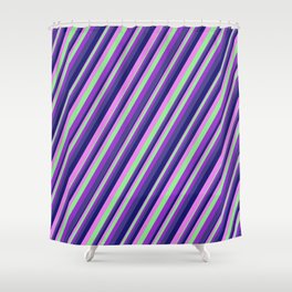 [ Thumbnail: Colorful Light Green, Dark Orchid, Dark Slate Blue, Midnight Blue, Violet Colored Striped Pattern Shower Curtain ]