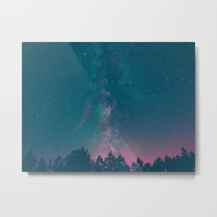 Blue Purple Pink Silhouette Milky Way Galaxy Forest Metal Print