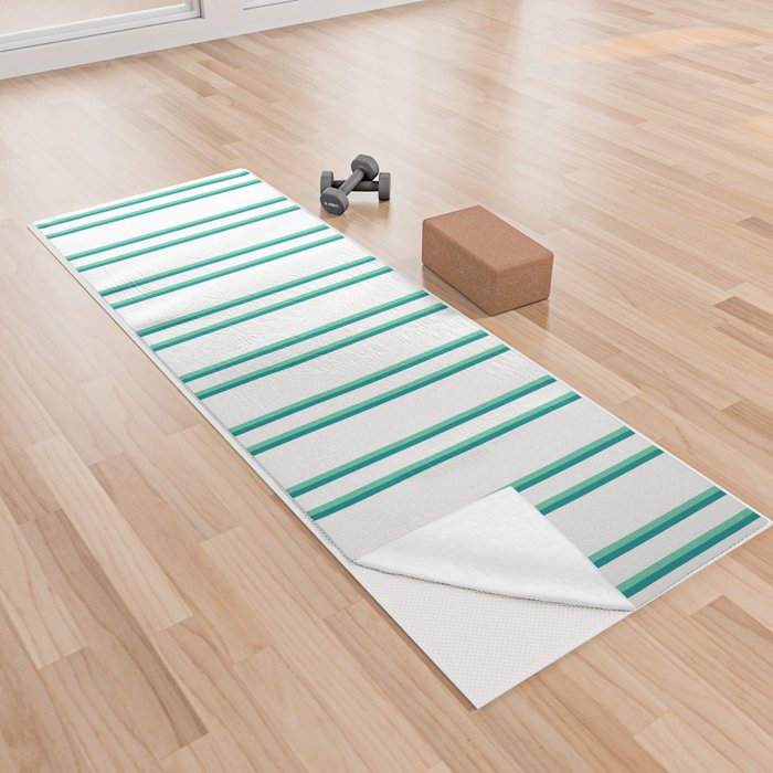 White, Aquamarine, and Dark Cyan Colored Lined Pattern Yoga Towel