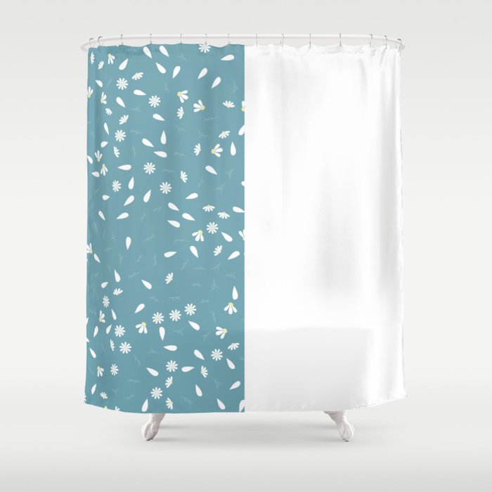 White Chamomile Leaves on Vertical White and Sea Angel Blue Split  Shower Curtain