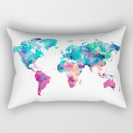 World Map Turquoise Pink Blue Green Rectangular Pillow