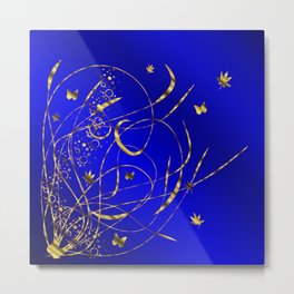blue festive shiny metal pattern with small butterflies, Asian flowers and drops of water Metal Print