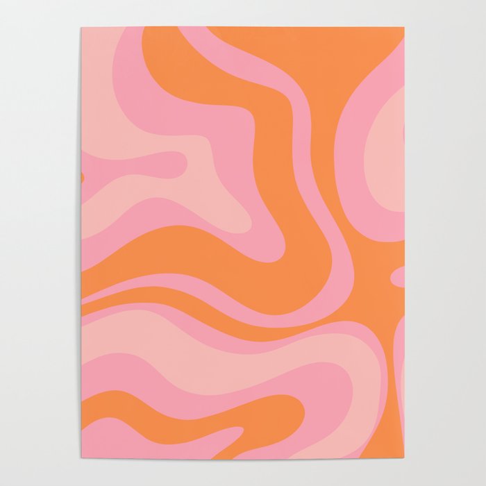 Modern Liquid Swirl Abstract Pattern Square in Retro Pink and Orange Poster