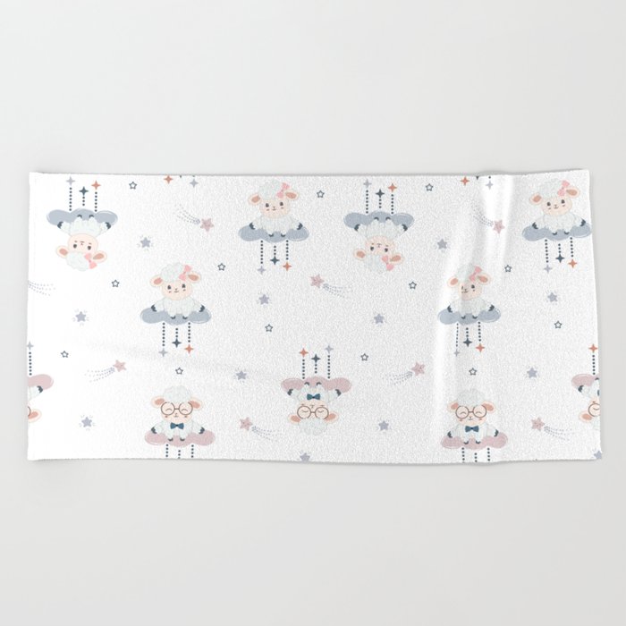 Cute Sheeps on Clouds with Stars Beach Towel