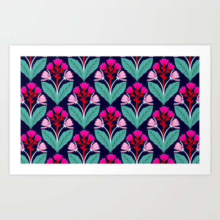 Hand drawn folk art floral pattern in pink and red Art Print